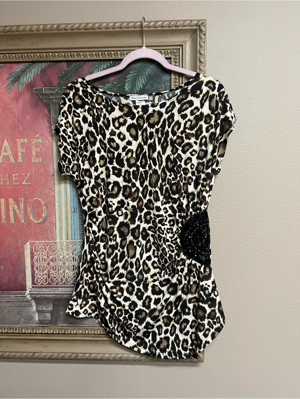 Bleeker & McDougal Animal-Print Short Sleeve Blouse with Beaded Side Detail